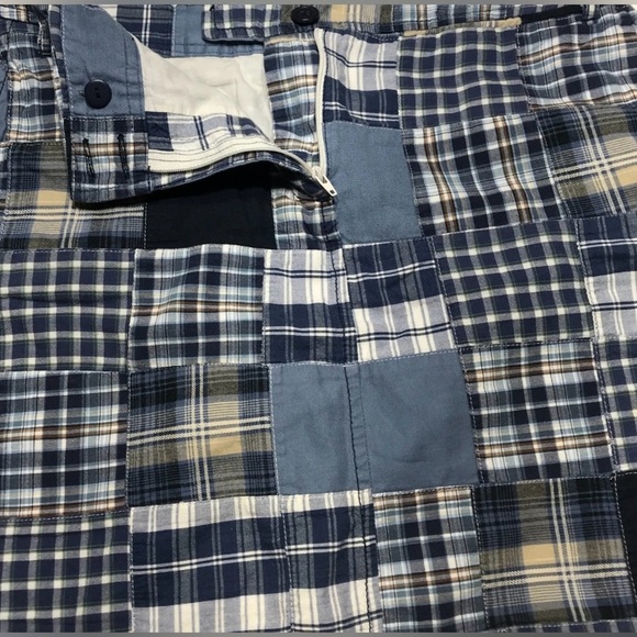 LOFT Patchwork Skirt Women Sz 12 Blue Madras Lined Zipper Button Pockets Preppy - Picture 3 of 10